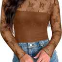 PINKMSTYLE Women's Long Sleeve Lace Bodysuit High Neck Sexy Tops for Going Out, Concert, Date Night Outfits (XL)