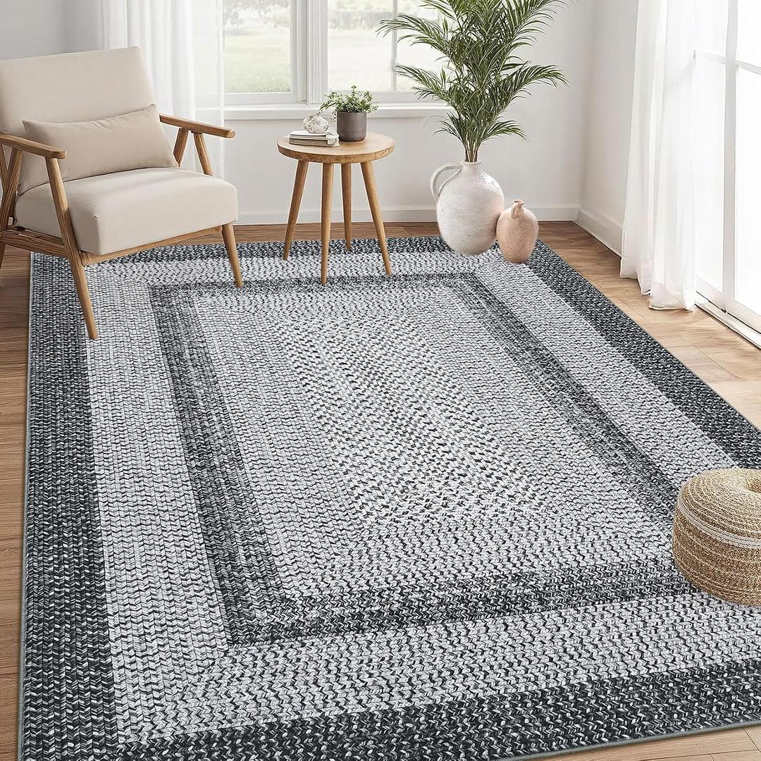 RUGSREAL Large Bedroom Rug 6x9 Machine Washable Rug Braided Print Boho Accent Throw Floor Cover Farmhouse Rustic Carpet Geometric Bordered Braided Carpet for Living Room Home Office, Grey