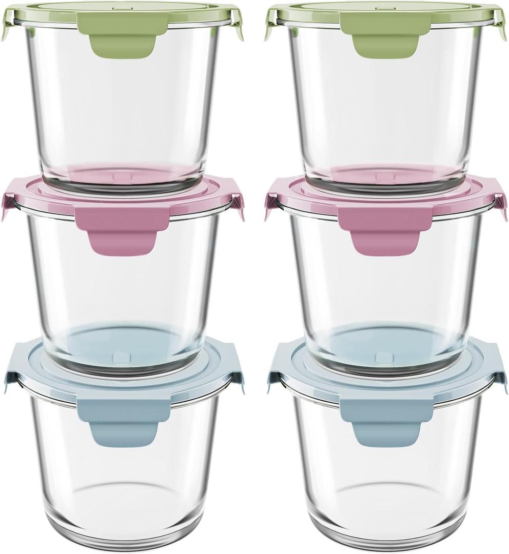 Freshmage 23oz Glass Meal Prep Containers with Lids, Airtight 3-Cup Glass Storage Containers Set, Heat-Resistant BPA-Free for Soup, Leftover, Microwave, Dishwasher, and Freezer Safe (6 Packs) (Multicolor)