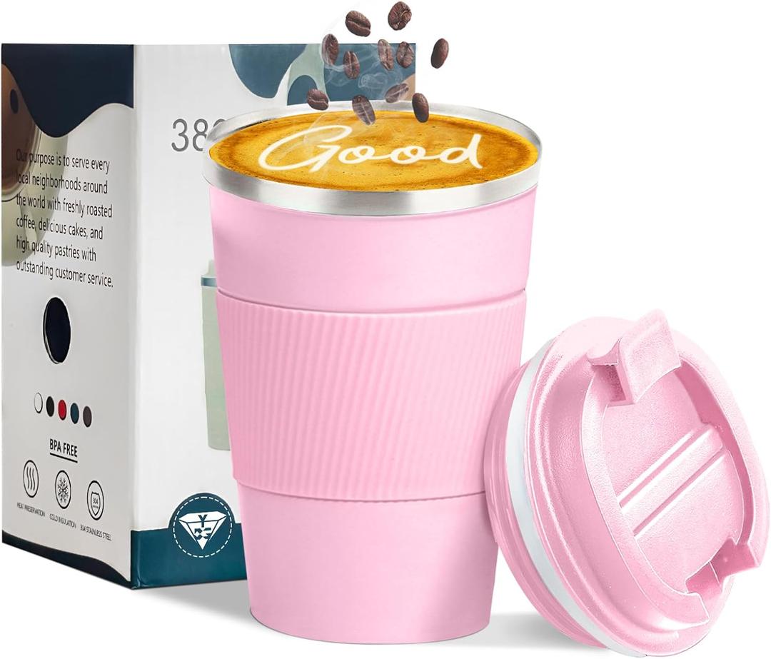 YINBAOGE Insulated Travel Coffee Mug, Spill & Leak Proof, Portable To Go Camping Stainless Steel Coffee Tumbler, Reusable Thermal Coffee Cup with Lid for Hot & Cold Drinks (Pink, 12 OZ)