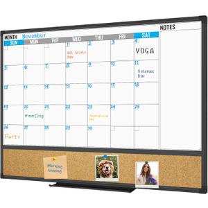 XBoard Dry Erase Calendar Whiteboard 48 X 36 - Combo White Board Calendar Monthly, Magnetic White Board + Corkboard with Black Aluminum Frame, Colorful Push Pins & Marker Tray Included