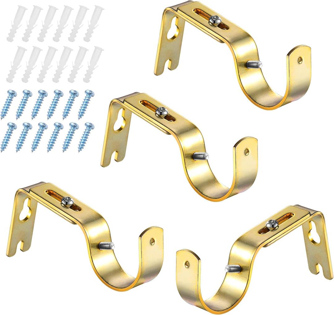 Frienda 4 Pcs Gold Curtain Rod Support Brackets Adjustable Curtain Rod Hangers for 1 Inch Diameter General Hardware Holders Wall Bracket Hanger Hooks with Screws