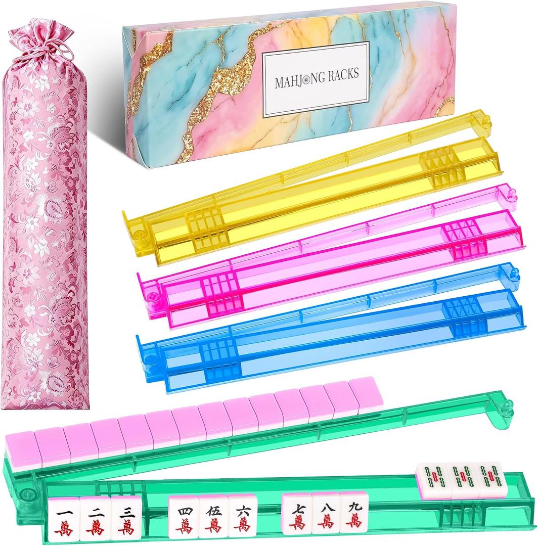 Non-Slip Mahjong Racks with Pushers, 4-Pack Clear Acrylic Tile Holders for American Mahjong, Includes Travel Storage Bag & Gift Box, Ideal for Game Parties & Women Mahjong-Lovers Gift Giving, 4-Color