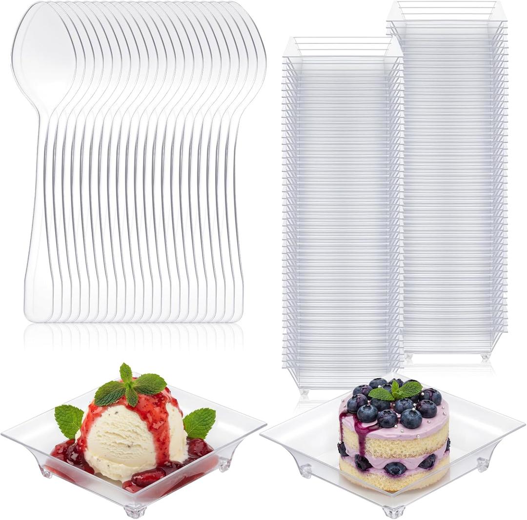 400 Pack Mini Dessert Plates with Tasting Spoons, 2.4'' Small Clear Dessert Plates for Appetizer Reusable Mini Square Plastic Appetizer Plates Set for Dessert Sauce Snack Cake Ice Cream Fruit