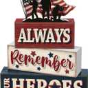 Yuntau 4 Pcs Memorial Day Table Decor Patriotic Always Remember Our Heroes Wooden Sign Fourth of July Tiered Tray Decor Red White Blue Table Centerpiece for Home Office Desk Shelf Mantel Decorations