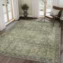 8X10 Area Rugs Machine Washable Rugs for Living Room, Vintage Boho Large Rugs for Bedroom Dining Room, Non Slip Indoor Soft Distressed Lightweight Thin Low Pile Carpet, Green