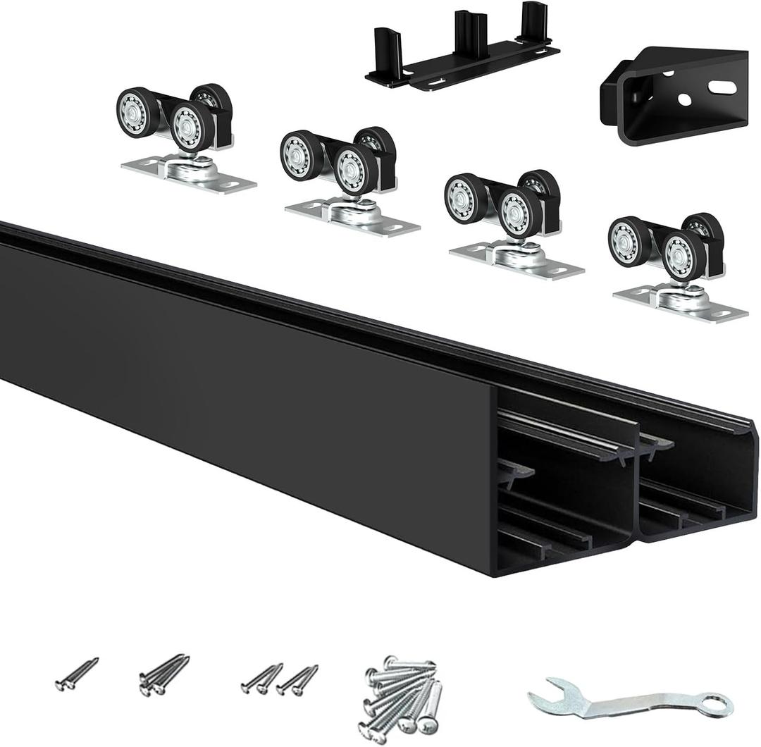 48" Heavy Duty Bypass Door Hardware kit with Finger Pull, Aluminum Double Track Wardrobe Closet Door Hardware Set for 2 Door System, Slide Smoothly Quietly, Easy to Install, 4FT