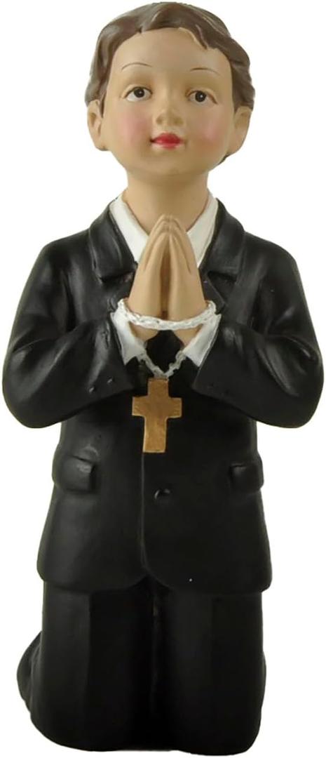 Praying Boy Statue, First Communion Gifts for Boys, Resin Baptism Figurine for Tabletop or Shelf Display, Suit for Birthday and Christian Celebrations, 4.92" H