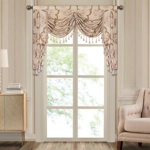 Loom and Mill Jacquard Waterfall Valance for Living Room, Vintage Floral Damask Swag Window Valances with Tassels, Light Khaki Swag Curtains for Bedroom Christmas Banquet Decoration(W59Inch,1 Panel)