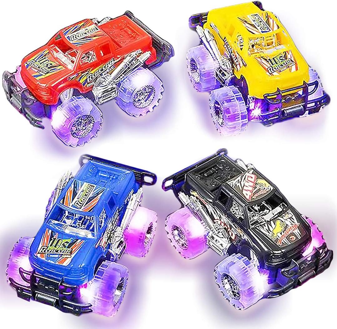Light-Up Monster Truck Toys (2-Pack) Push-&-Go Cars with Glowing Wheels Birthday Gift for Toddlers, Boys & Girls Ages 3+ Durable Friction-Powered Trucks Batteries Included Red and Blue