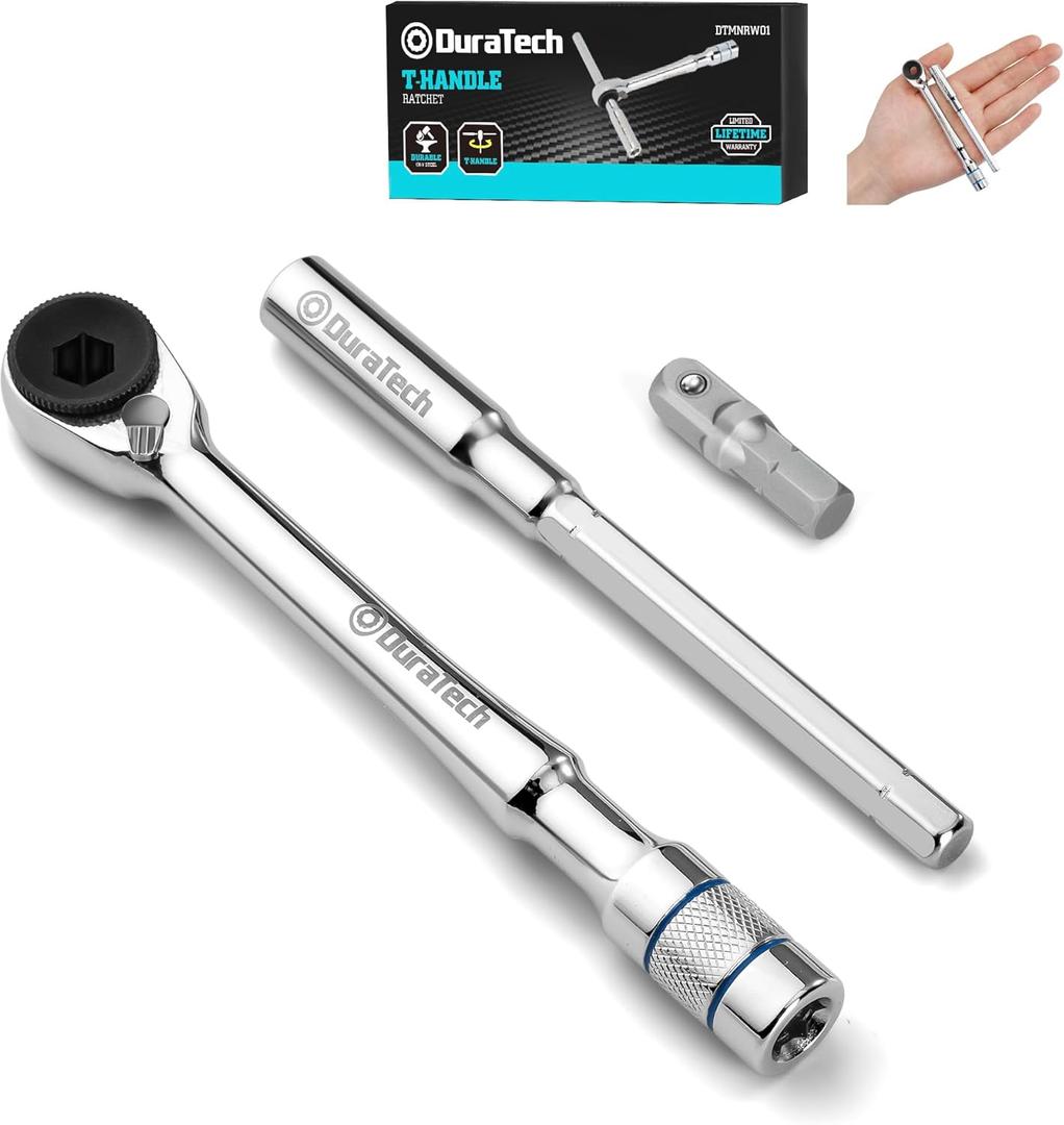 DURATECH 1/4" T-Handle Ratchet, Mini Ratchet Wrench with Hex Bit Extension and Adapter Set, Compatible with Standard 1/4" Hex Bits or Sockets, Portable and Versatile Repair Tool for Tight Spaces