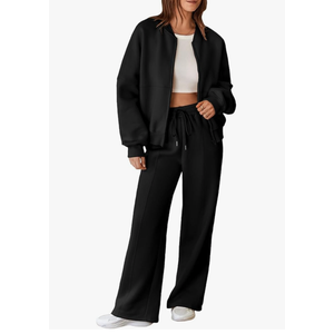 Aleumdr Women's 2 Piece Outfits Oversized Fleece Sweatsuit Zip Up Long Sleeve Sweatshirt with Wide Leg Sweatpants M