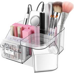 BQAN Transparent Acrylic Nail Desk Organizer, Drill & Brush Holder, Professional Storage Box for Nail Tools, Makeup, Eyeshadows, Skin Care (White)