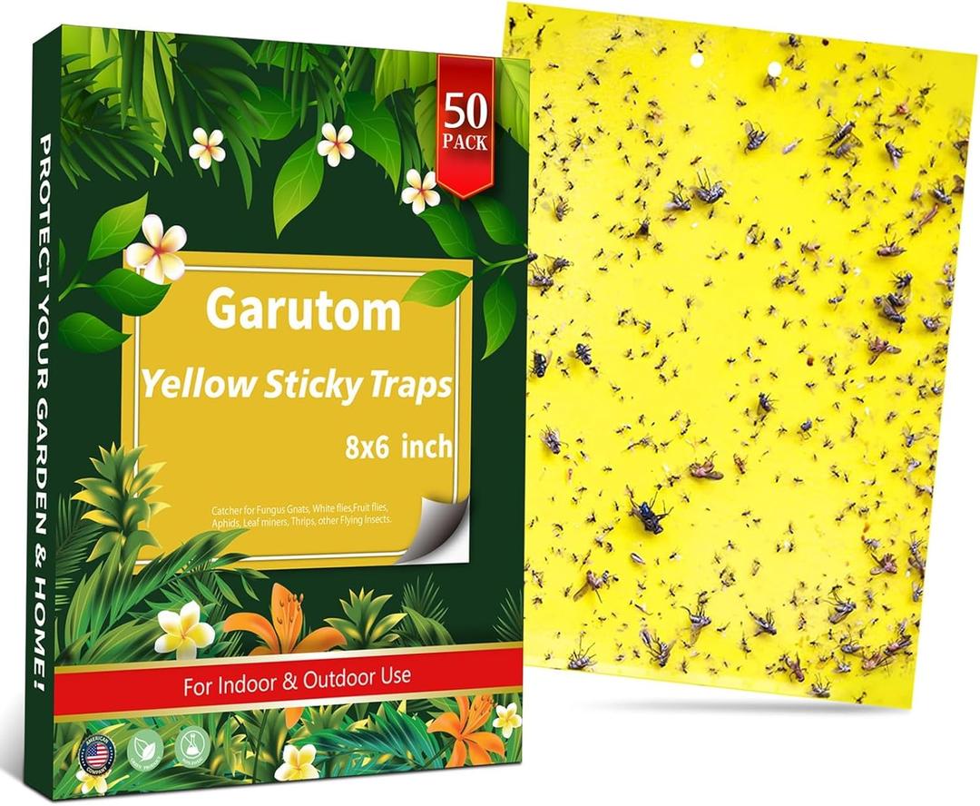 50-Pack Dual-Sided Yellow Sticky Traps for Flying Plant Insect Such as Fungus Gnats, Whiteflies, Aphids, Leafminers, etc (6x8 Inches, Included 30pcs Twist Ties)