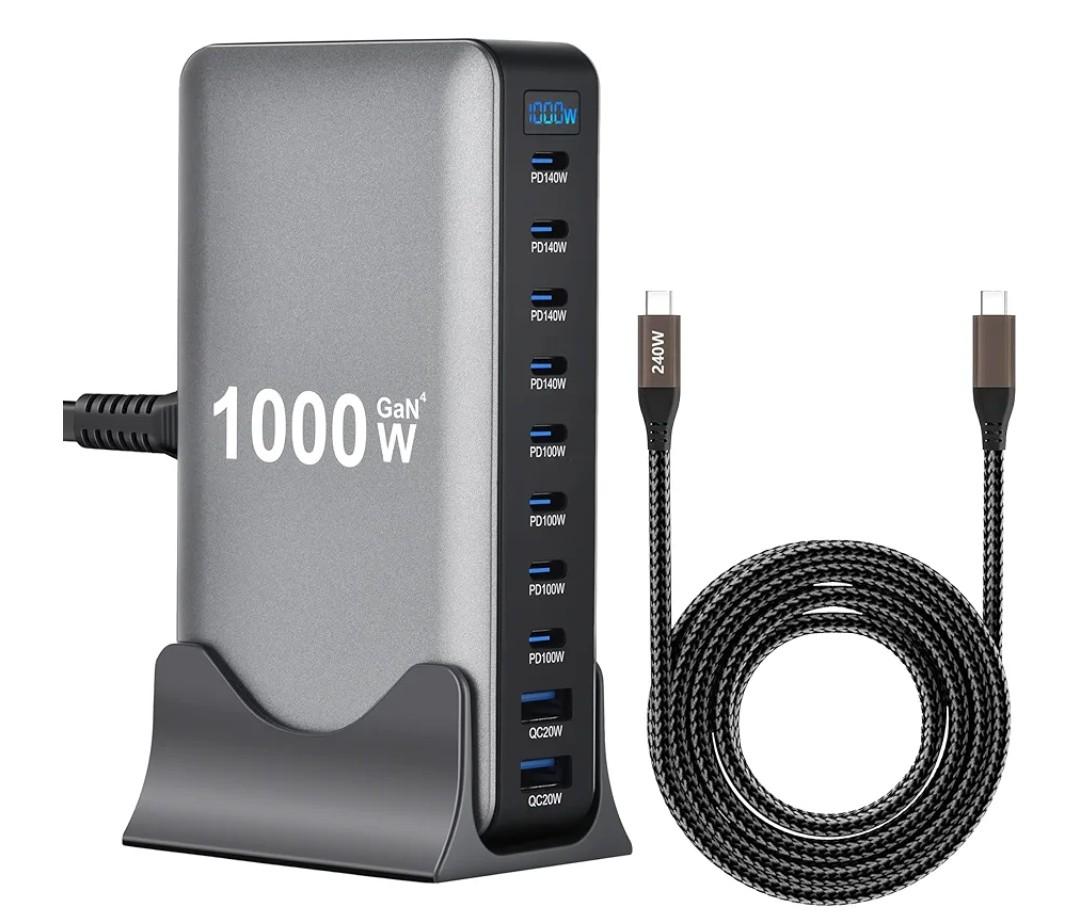 1000W 10-Port GaN 4 Desktop Charging Station with 240W 6.6 ft Data Cable - Compatible with Tablets, Phones, Laptops, Gaming Consoles, Headphones