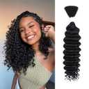 Human Braiding Hair 14 Inch Deep Water Wave Bulk Human Hair for Braiding 12A Brazilian Virgin Curly Hair for Boho Braids Wet and Wavy No Weft 1 Bundle 50g Hair Extensions