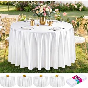 FAVE 6 Pack 120 Inch White Round Satin Tablecloth, Washable Table Cover