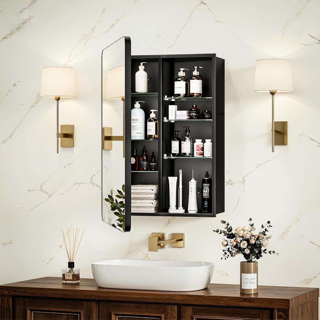 GoTiling16x24 Black Medicine Cabinet with Mirror, Recessed & Surface Mount | Bathroom mirror with storage: 6 adjustable shelves; DTC soft-close hinges; rust-resistant aluminum frame; fully assembled.