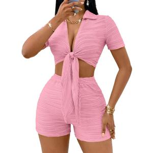 MSLG Women's Sexy 2 Piece Set Solid Summer Bodycon Suit Casual Tie Front Short Sleeve V Neck Crop Top Shorts Outfits Sets S42, XL