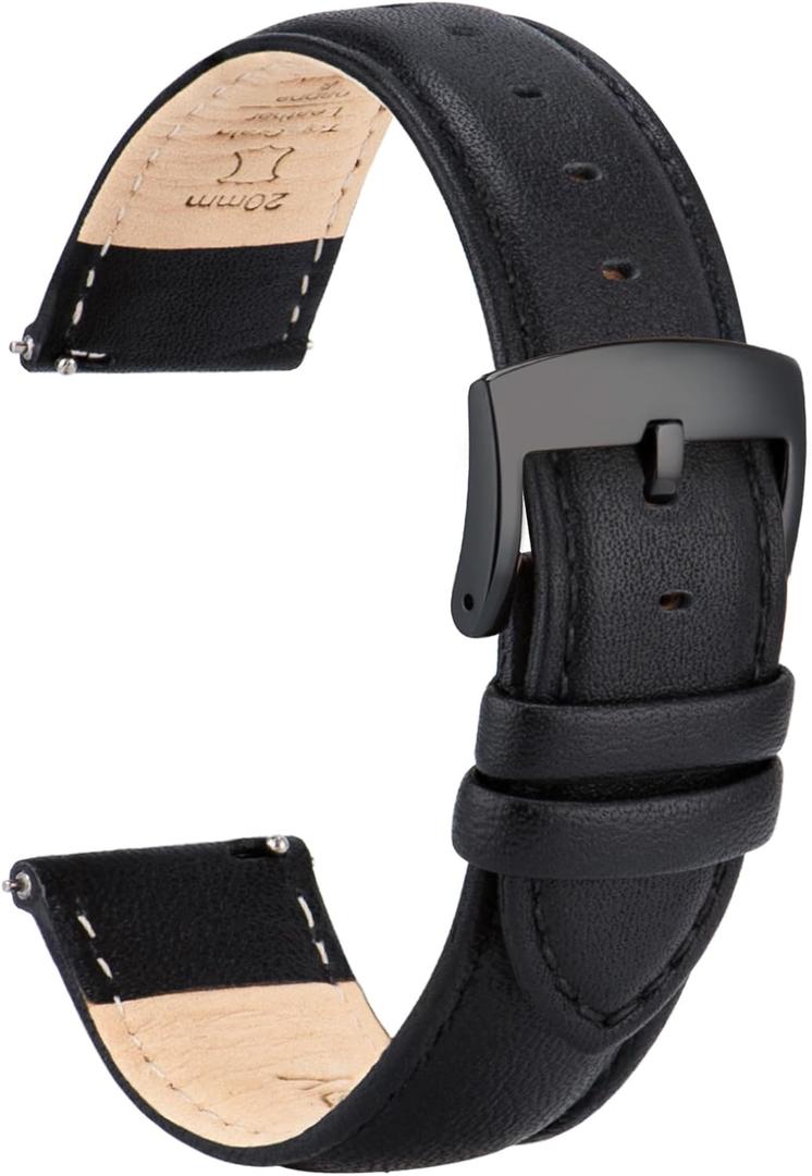 Leather Watch Bands Strap Quick Release, Elegant & Soft Top Grain Genuine Leather Watch band for Men Women, 22mm 21mm 20mm 18mm 16mm Replacement Straps for Watch & Smartwatch (Black (Black Buckle))