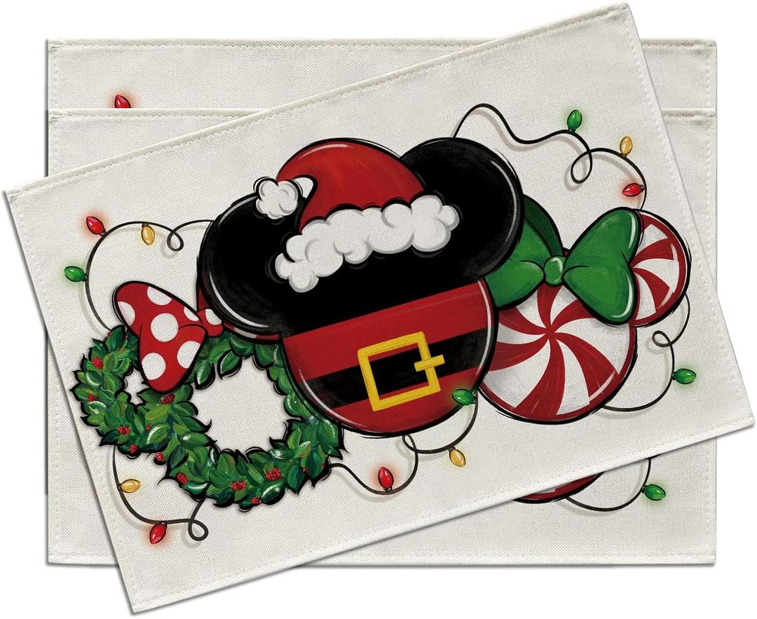 Christmas Santa Placemats Set of 4, Xmas Wreath Peppermint Candy Dining Place Mats Table Decor, Winter Funny Holiday Home Kitchen Decoration 12 x 18 Inch