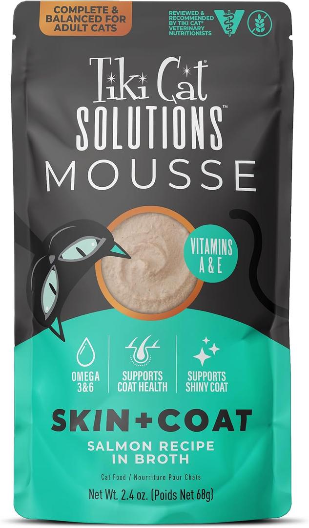 Tiki Cat Solutions Mousse Cat Food, Skin & Coat, Salmon Recipe, 2.4oz, 12ct (EXP 12/03/26)