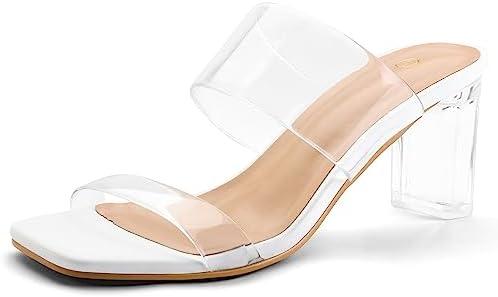 mysoft Clear Heels for Women Transparent Two Strap Block Chunky Square Heel Sandals Open Toe Slip On Sandals, Size 11