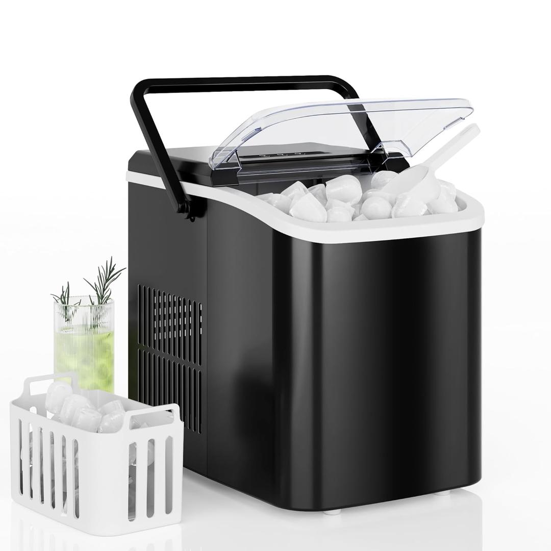 DUMOS Countertop Ice Maker with Handle, 26lbs/24H Portable Ice Machine, 9 Bullet Ice Cubes Ready in 6 Mins, Self-Cleaning, Quiet Compact Ice Maker for Home, Kitchen, RV, Camping, Black (12.5"*11.6"*8.8")