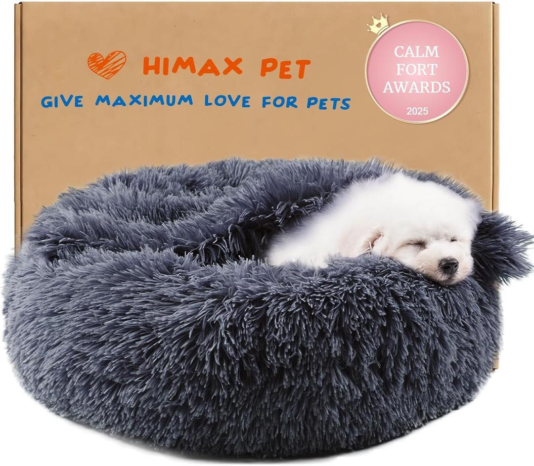 Himax Dog Beds for Small Dogs, Donut Dogs Beds with Blanket Attached, Calming Dog Bed Washable (26") Grey