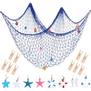 28 Pcs Fishnet Decorative Nature Fish Net Wall Decoration Set 79 x 59 Inch Nautical Fishing Net Hanging Decor, 9 Sea Shells, 4 Starfish, 2 Life Ring, Fish, Anchor, 10 Clips for Party (Blue)