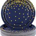 Aneco 60 Pieces 7 Inches Disposable Paper Plates Navy Blue Plate Blue and Gold Foil Dot Dessert Plate Round Paper Plates for Wedding Bridal Shower Birthday Party Decorations