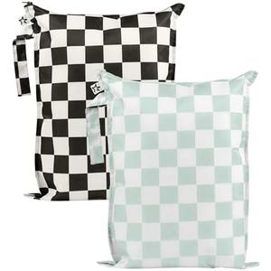 Tiny Twinkle Mess-Proof Waterproof Wet Dry Bag | 2-Pack Reusable Wet Bags for Swimsuits & Baby Clothes | Leakproof Wet Bag for Travel & Diaper Changes for Baby (Black, Green Checkers)