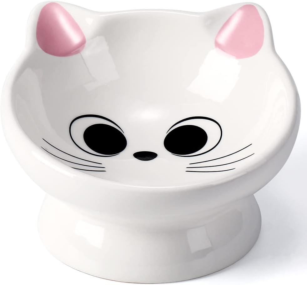 Raised Cat Food Bowl Ceramic 15 Tilted Cat Food Bowls Protect Cat's Spine Anti Vomiting Backflow Prevention Bowls for Adult Kitty, Kitten, and Small Dogs, Pink