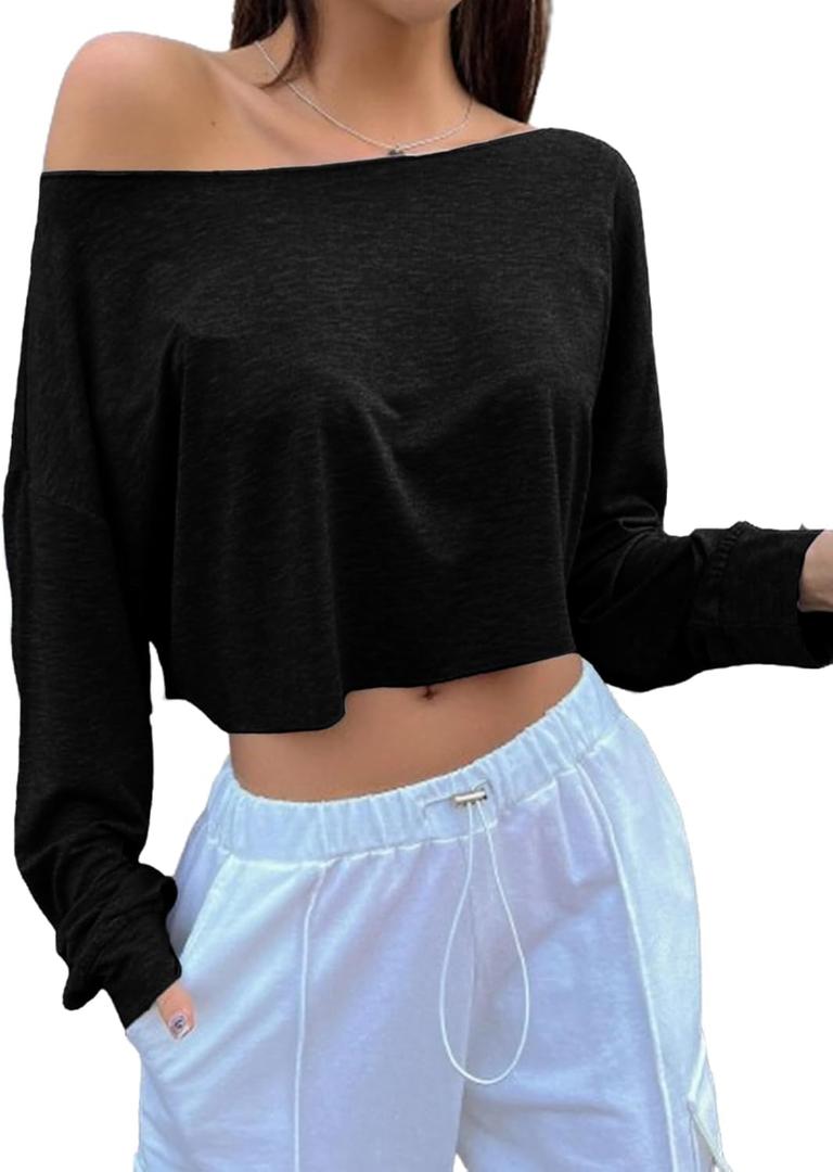 Avanova Women Off The Shoulder Crop Tops Long Sleeve T Shirts Oversized Loose Tee (Small, Black)