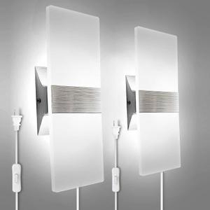 KICAAO Wall Sconces Set of Two, Modern Wall Sconce Plug in 10W 6000K Cool White Acrylic Wall Lights with 6FT/180cm Plug in Cord and On/Off Switch on The Cord (Brushed Silver)