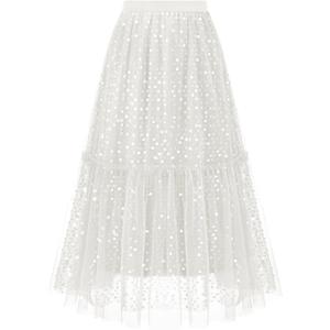 Sequin Tulle Skirts for Women Sparkly Midi Flowy A-Line Party Skirt Layered Skirts (White)