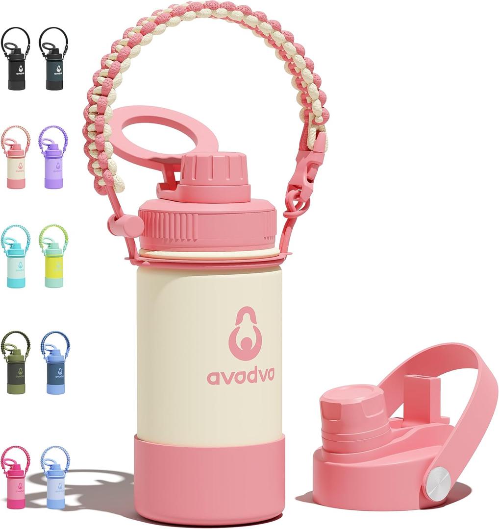 12 oz Insulated Water Bottle with 2 Lids (2-in-1 Straw & Spout Lid, Magnetic Lid), Kids Water Bottle with Strap, Kids Stainless Steel Water Bottle for School, BPA-Free, Light Pink