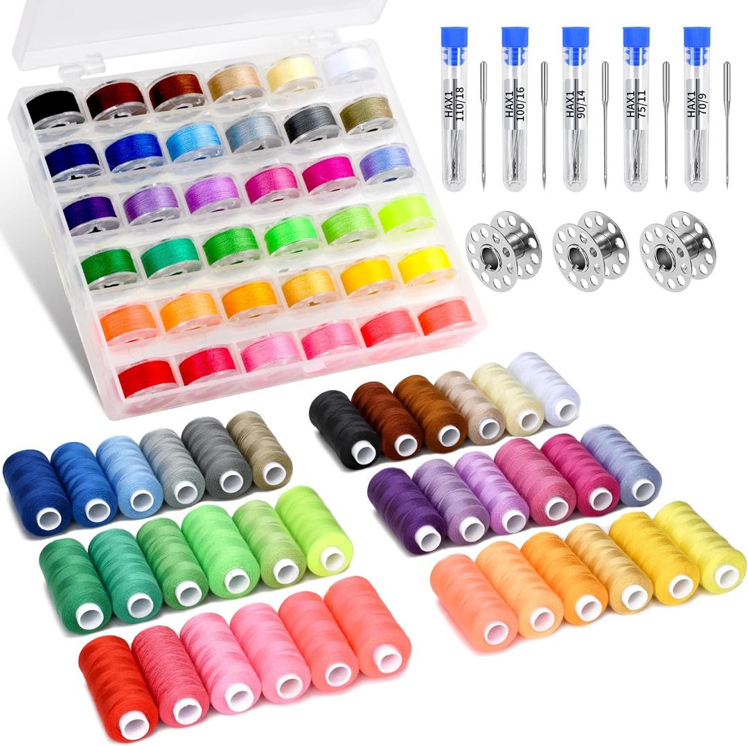 125 Pcs Sewing Thread Kit, 36 Assorted Colors Machine Threads with Spools, 400 Yards Prewound Bobbins Set with 50 Machine Needles (70/9, 75/11, 90/14, 100/16 110/18) for Universal Sewing Machines Use