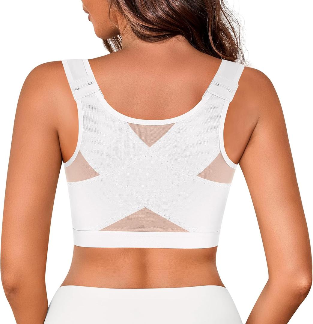J-pone Front Closure Posture Corrector Bra Back Support Wireless Comfy Unlined Bras Full Coverage Bra with Nipple Covers (X-Large, White)