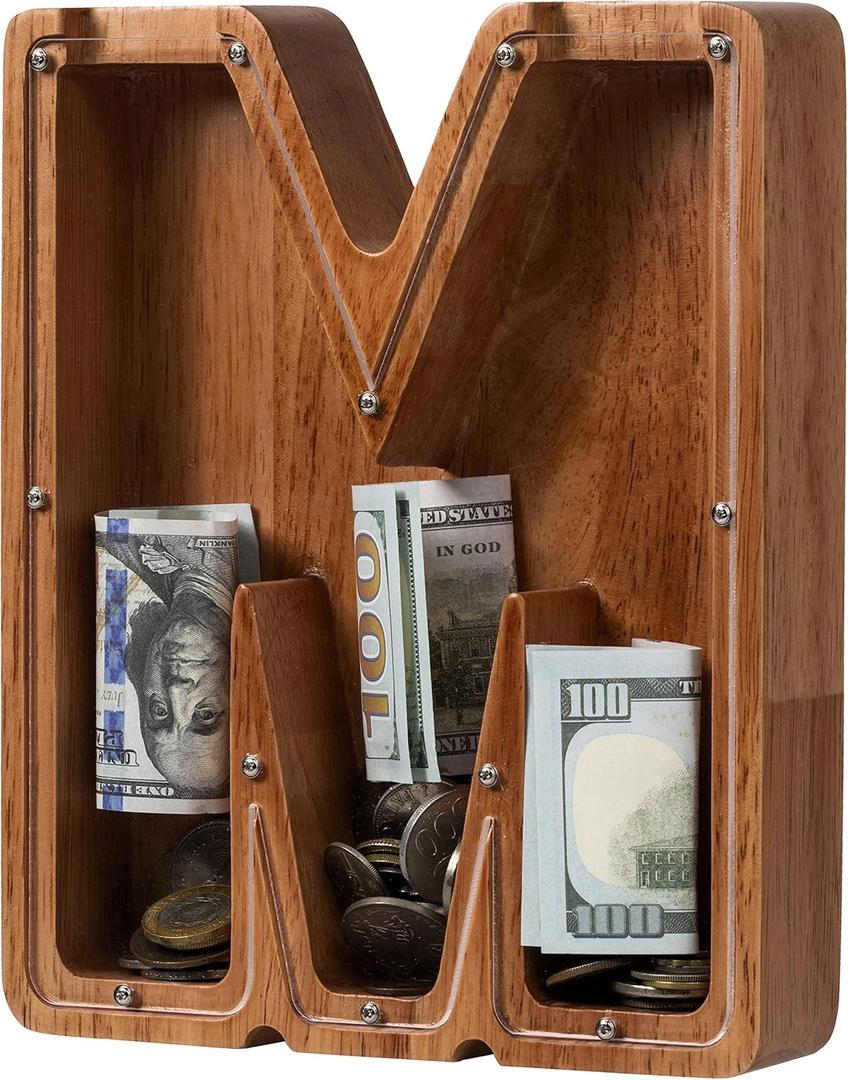 Personalized Large Wooden Kids Letter Piggy Bank Custom Name Coin Piggy Bank, Wood Alphabet Letter Bank Money Box Birthday Home Decoration (M)