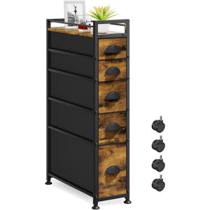 LASZOLA 5 Drawer Narrow Dresser Slim Cabinet Skinny Storage Tower Chest, Ideal for Small Spaces Bathroom Bedroom, Between Washer and Dryer, Lightweight Mobile on Wheels, Sturdy Fabric Drawers, Brown (29.5-33.5 inch)