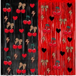2 x 4 Pack 3.2x8.2ft Cherry Leopard Print Foil Fringe Curtains | Cheetah Print Birthday Party Backdrop Decoration, Photo Props Decor Supplies