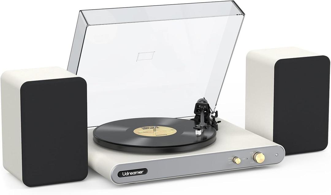 Vinyl Record Player with 40W Bookshelf Speakers and Dual Bluetooth,Hi-fi System Turntable with USB Record,Built-in Phono Preamp, Counterweight, Pitch and AT-3600L,PU Leather White