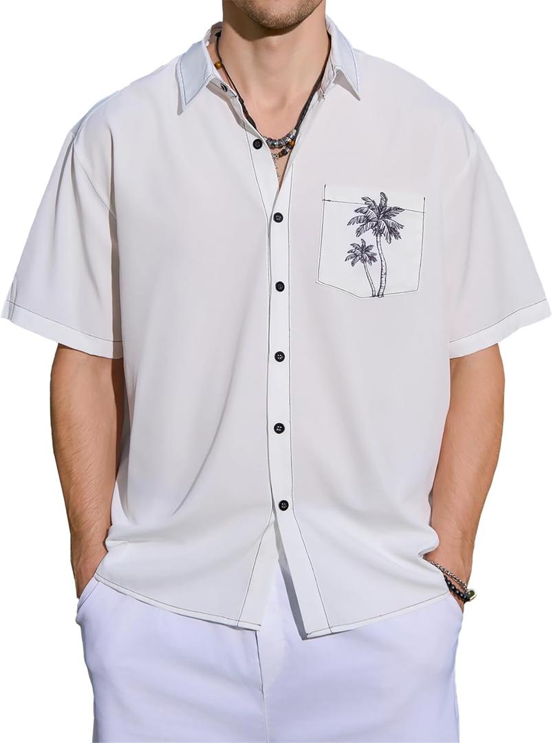 Men's Bowling Shirt Short Sleeve Hawaiian Shirt Button Down Coconut Printed Summer Beach Casual Shirts (White, L)