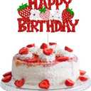 Gyufise 1Pcs Strawberry Happy Birthday Cake Topper Glitter Flower Fruit Theme Birthday Berry Cake Pick Decorations for Strawberry Theme Baby Shower Kids Birthday Party Cake Decorations Supplies Red