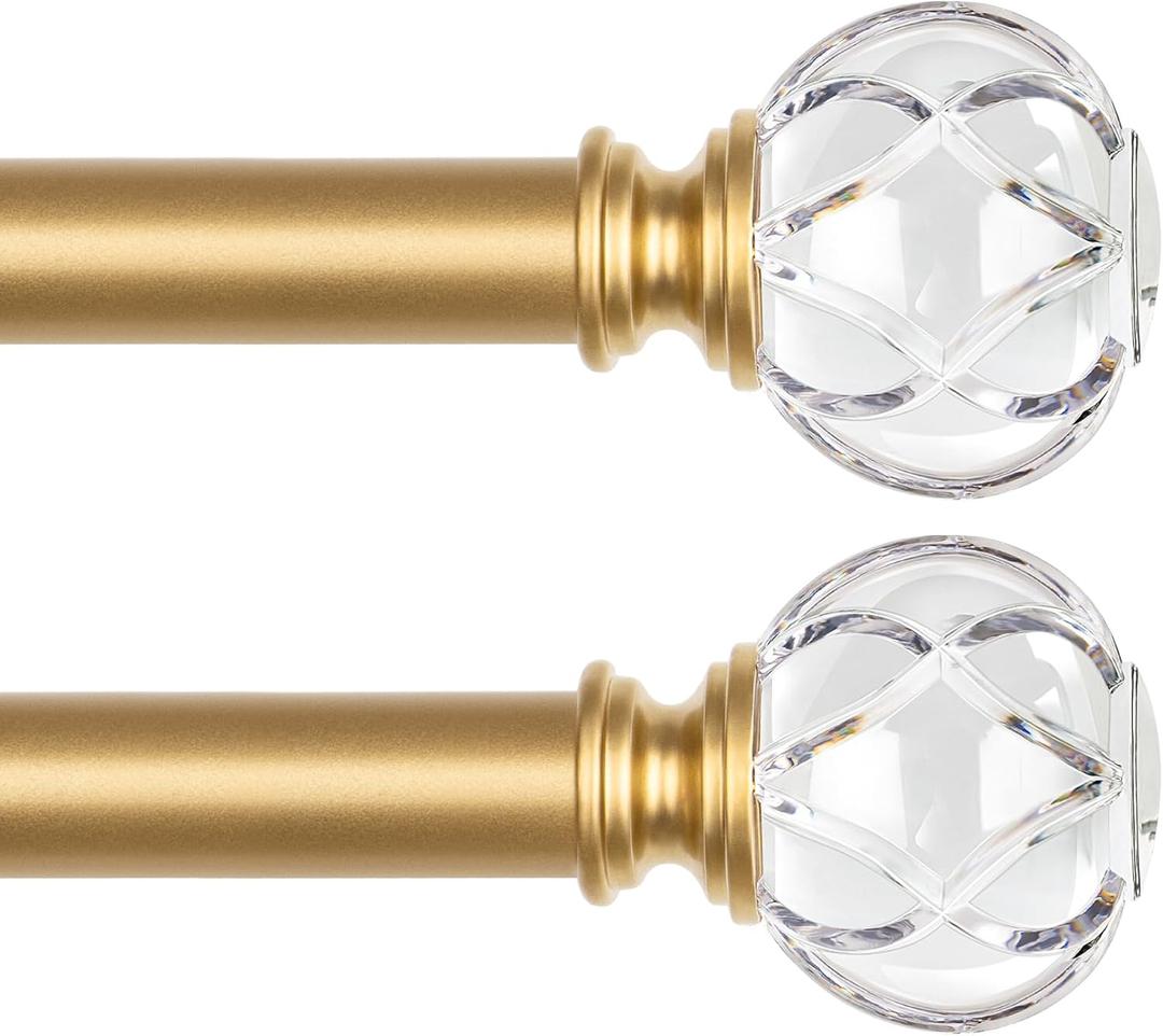 KAMANINA 1 Inch Curtain Rods 32 to 58 Inches (2.6-4.8 Feet) Telescoping Luxury Gold Curtain Rod for Windows, 2 Pack Decorative Drapery Rod with Crystal Netted Texture Ends