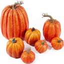 HELLORSO 7Pcs Artificial Pumpkins Faux Foam Fall Harvest Pumpkin Halloween Thanksgiving Decorations Indoor for Home, Lifelike Simulation Foam Pumpkins Set Fall Harvest Home Party Supplies (Orange)