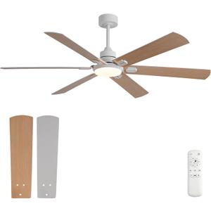 BOOMJOY 60 Inch Ceiling Fans with Lights and Remote, Outdoor/Indoor Ceiling Fan with Quiet Reversible DC Motor, 6 Blades White Ceiling Fan for Living Room Patio
