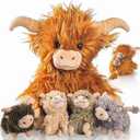 5 Pcs Highland Cow Stuffed Animal with Babies Inside, 14" Large Mommy Stuffed Highland Cow Plush Toy with 4 Babies, Cute Scottish Highland Cow Decor Plush Gifts for Kids Boys Girls Birthday Christmas