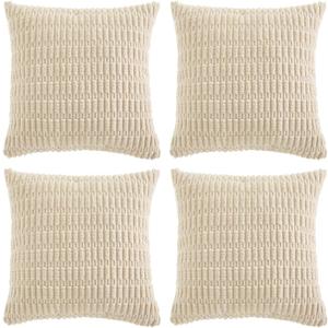 Fancy Homi 4 Packs Boho Cream Decorative Throw Pillow Covers 18x18 Inch for Living Room Couch Bed Sofa, Rustic Modern Farmhouse Home Decor, Soft Plush Corduroy Cute Square Beige Cushion Case 45x45 cm (18" x 18" (Pack of 4))